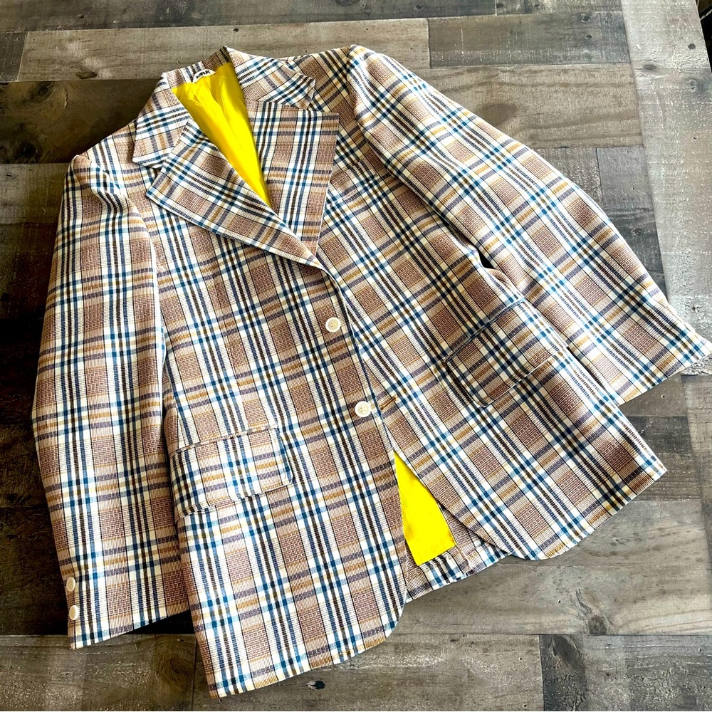 Vintage National Shirt Shops Coast to Coast ~ Blue/Tan Tartan Plaid Mens Blazer